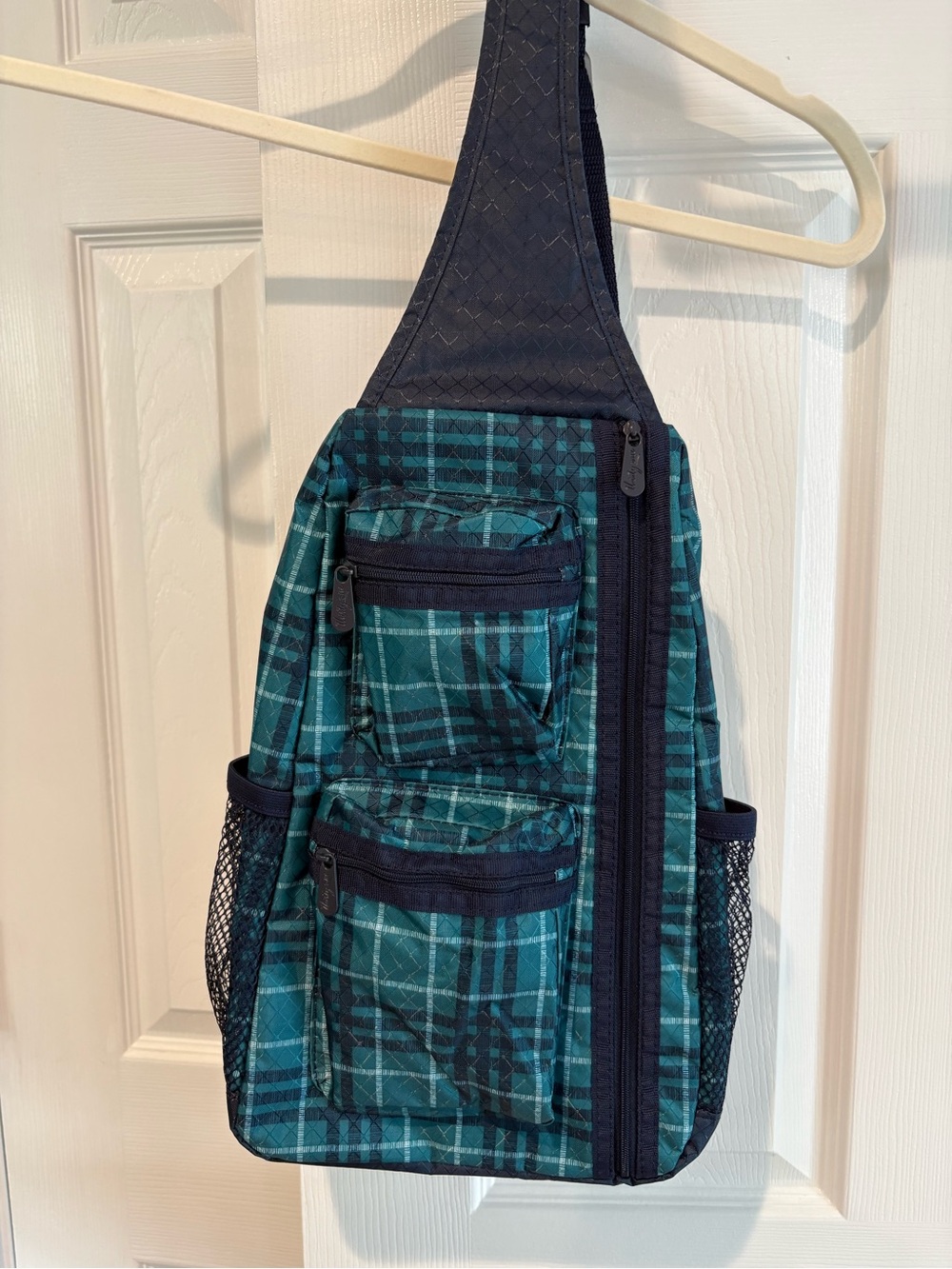 thirty-one Teal Plaid Sling crossbody with Navy Trim